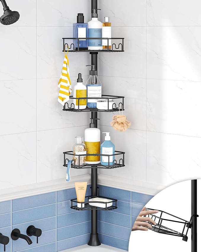 SEIRIONE Corner Shower Caddy Tension Pole, 4-Tier Rust-Free Shower Organizer Corner, Adjustable Shelf for Bathroom Storage, Easy-Install Standing Rack, 34 to 116Inch, Black