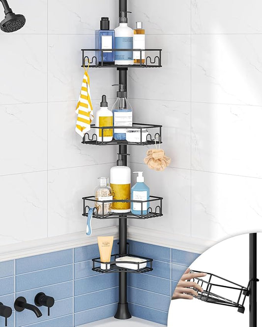 SEIRIONE Corner Shower Caddy Tension Pole, 4-Tier Rust-Free Shower Organizer Corner, Adjustable Shelf for Bathroom Storage, Easy-Install Standing Rack, 34 to 116Inch, Black
