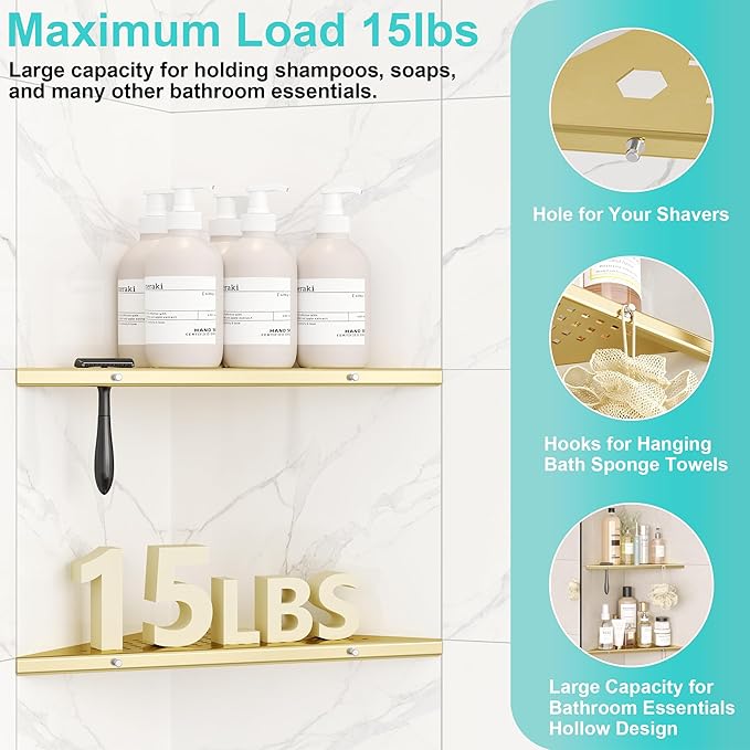 Qeke 10" Bathroom Corner Shelf, 2 Pack Recessed Shower Shelf Caddy, SUS304 Stainless Steel Shelf Wall Mount Triangular, No Drilling Brushed Golden