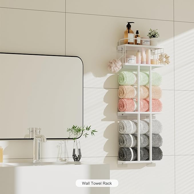 White Towel Rack for Bathroom, Metal Towel Holder for Bathroom Storage Rack with Shelf, 3-Tier Wall-Mounted Towel Organizer - Holds Rolled Towels
