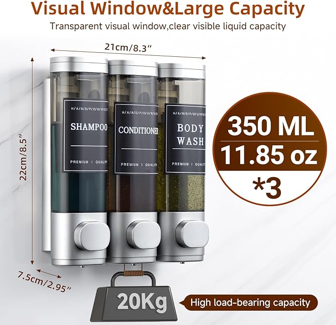 Shampoo and Conditioner Dispenser,Shower Soap Dispenser 3 Chamber No Drill Wall-Mounted for Bathroom & Hotel Leak-Proof Pumps, for Thick Liquids Like Conditioner - 1050ML High Capacity, Silver