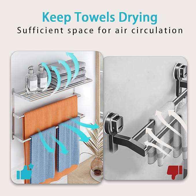 Towel Racks for Bathroom, 24 in Towel Shelf with Double Towel Bar, Stainless Steel Towel Storage for Lavatory Wall Mounted, 3-Tier Towel Hanger Towel Holder, Brushed Nickel