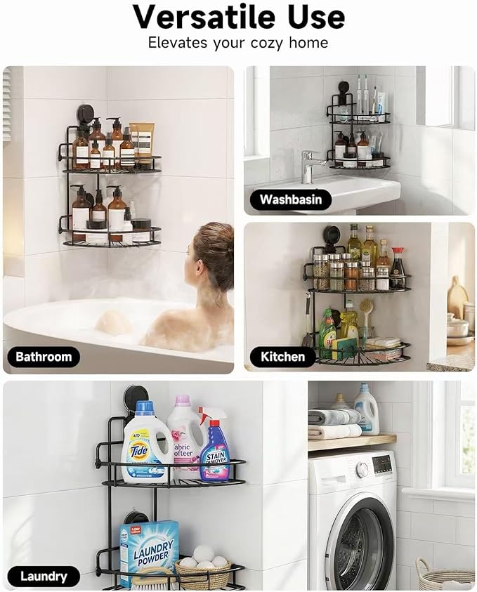 Shower Caddy Suction Cup, 2 Pack Suction Shower Shelf, NO-Drilling Bathroom Holder, Rustproof Bathroom Organizer for 90° Wall Corner, Black