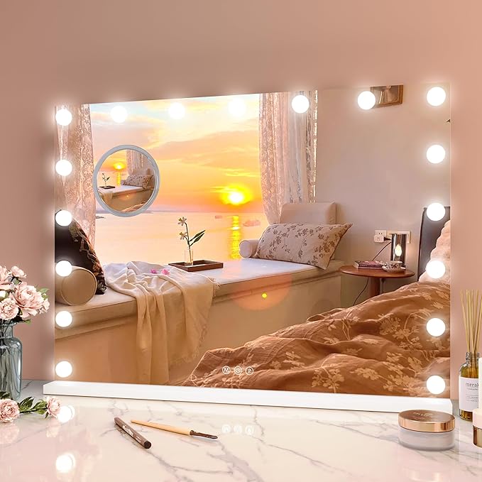 Vanity Mirror with Lights, 32" x 24" Makeup Mirror with Lights, Hollywood Lighted Vanity Mirrors with 15 Dimmable LED Bulbs, 3 Color Modes, Light up Mirror with Touch Control for Bedroom, Tabletop