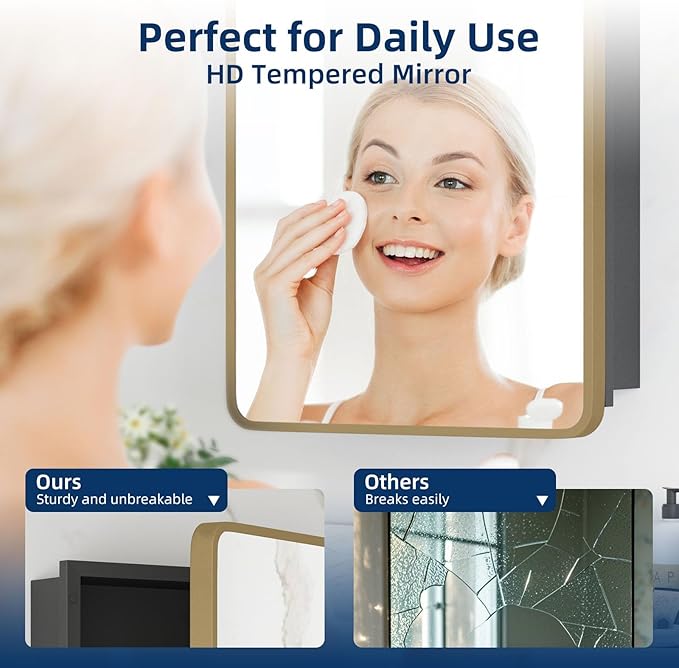 Bathroom Medicine Cabinet with Mirror 16 x 24 Inch, Brush Gold Medicine Cabinet Recessed or Surface Wall-Mounted, Mirrored Cabinets with 2 Adjustable Shelves for Bathroom Vanity