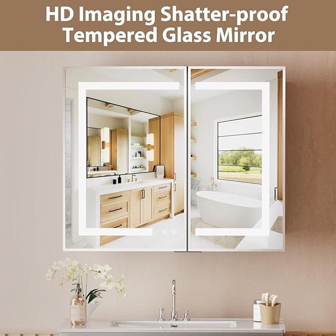 LOVMOR Led Medicine Cabinet with Mirror, Bathroom Vanity Mirror Cabinet with Shelves, 3-Color Lights Dimmer, Silver 32" H x 40" W
