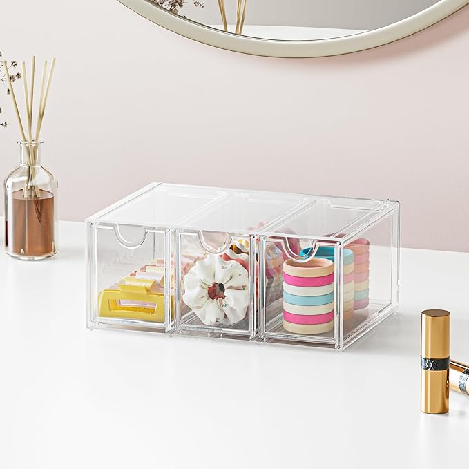 Hair Accessories Organizer for Girls, Clear Acrylic Hair Tie Bow Claw Clip Scrunchie Holder with 3 Drawers, Cute Stackable Storage Container Caddy Box for Bathroom Vanity Countertop