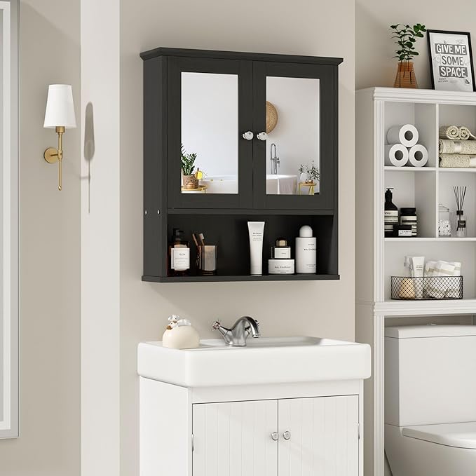 DL-win Medicine Cabinets with Mirror, Wall Mounted Bathroom Cabinet with Adjustable Shelves, Black Storage Organizer for Toiletries, Towels & Daily Essentials