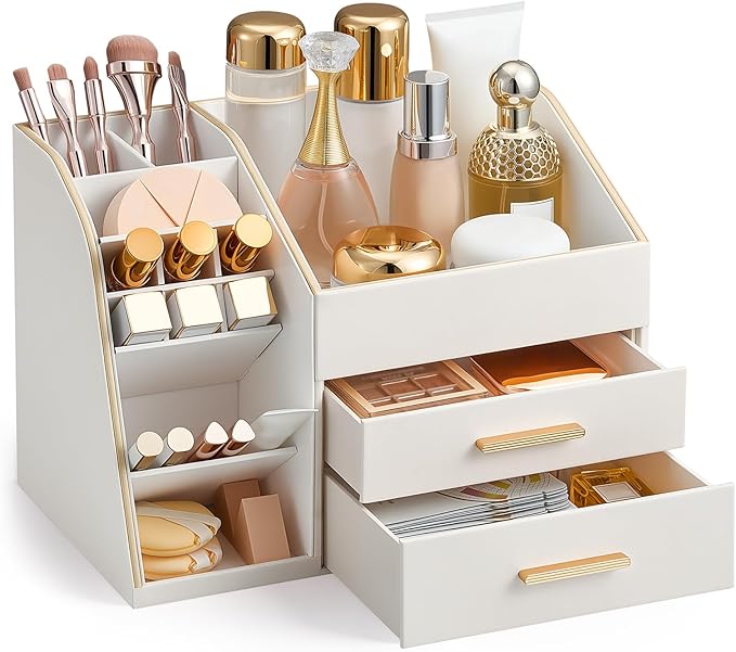 Lolalet Makeup Organizer with Drawers, PU Leather Spacious Skincare Holder Lipsticks Perfume Brushes Beauty Essentials Display Case for Vanity Dresser Countertop Bathroom Easy to Clean -Cream