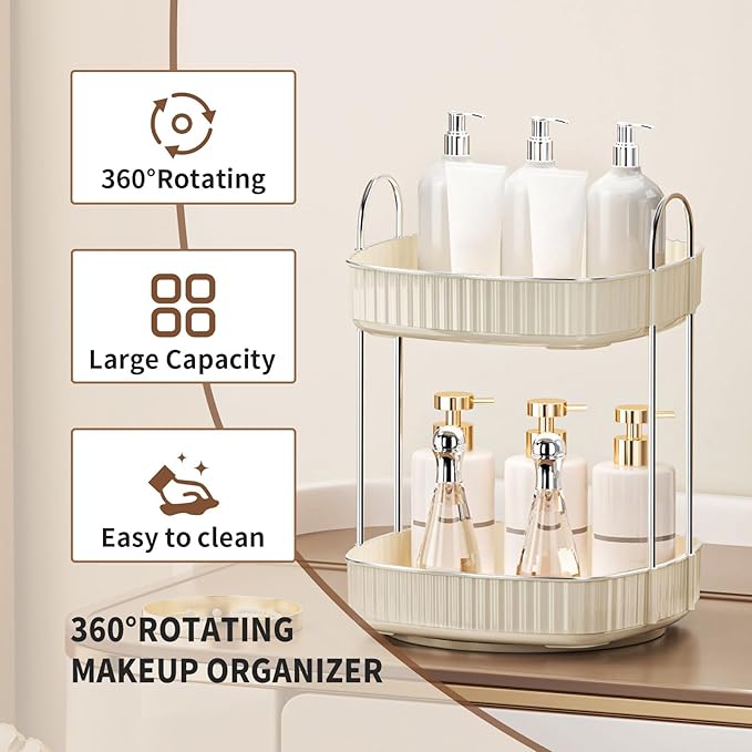YCIA&DONE 360 Rotating Makeup Organizer for Vanity, 2 Tiers New Square Shaped Cosmetics Skincare Bathroom Organizers Countertop, Perfume Stand Counter Tray, Warm White