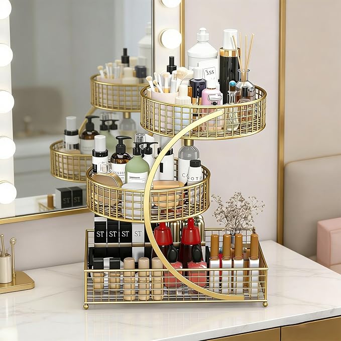 Makeup Organizer Countertop for Vanity, 3 Tier Metal Bathroom Countertop Organizers Skincare Storage Holder Perfume Cosmetic Display, Multi-Use Storage Rack for Bedroom & Kitchen (Gold(Redonda))