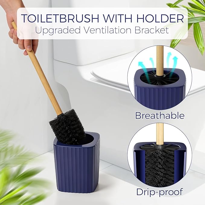 Bathroom Accessories Set - Unbreakable Navy Blue Bathroom Set, Trash Can, Toilet Brush with Holder, Soap Dispenser, Toothbrush and Toothpaste Holder, Tumbler Cup, Soap Dish, Qtip Holder, Bamboo Decor