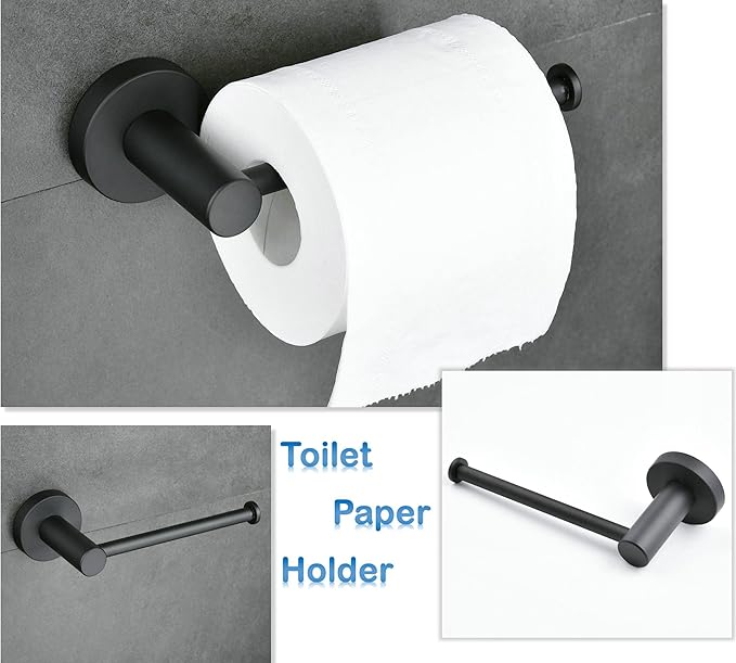 SHUNLI 5-Piece Bathroom Hardware Accessories Set Matte Black (Towel Bar Adjustable 16” to 26”, Toilet Paper Holder, Towel Ring, 2 PCS Towel Hook) Wall Mounted, SUS304 Stainless Steel