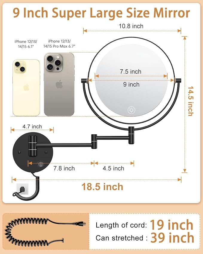 Benbilry 9" Large Wall Mounted Lighted Makeup Mirror, 1X/10X Magnifying 2-Sided AC Plug-in Powered Bathroom Mirror with 3 Color Lights, Touch Dimmable, Extended Arm 360° Rotation, 【Black】