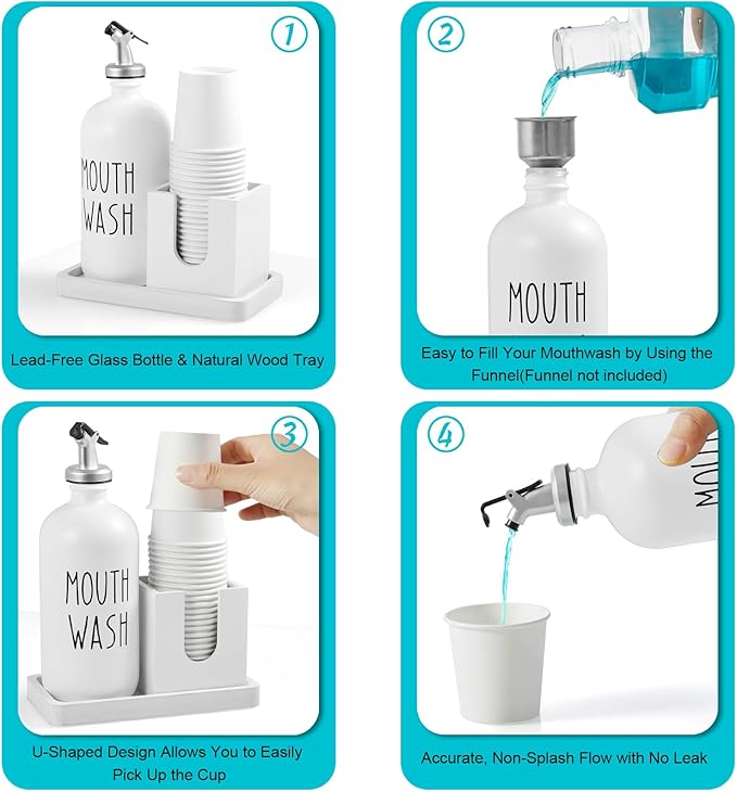 Glass Mouthwash Dispenser for Bathroom, 16 OZ Mouthwash Dispenser with Pour Spout and Wood Cup Holder and Tray, Mouth Wash Bottle Container, Farmhouse Kitchen Bathroom Decor and Accessories, White