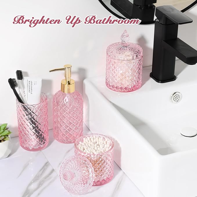 RYTOXILO Pink Bathroom Accessories Set, 4 Pack Pink Bathroom Decor Accessory Sets Complete, Diamond Glass Soap Dispenser and Toothbrush Holder Set for Bath Counter Organizer Essentials