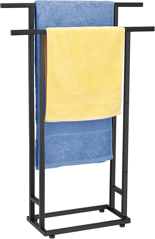 Standing Towel Racks for Bathroom, 2 Tier Bathroom Floor Free Standing Towel Rack, Tall Enough Pool Bath Drying and Dispaly Outdoor Stand for Storage, Black Freestanding Blanket Holder, ALHAKIN