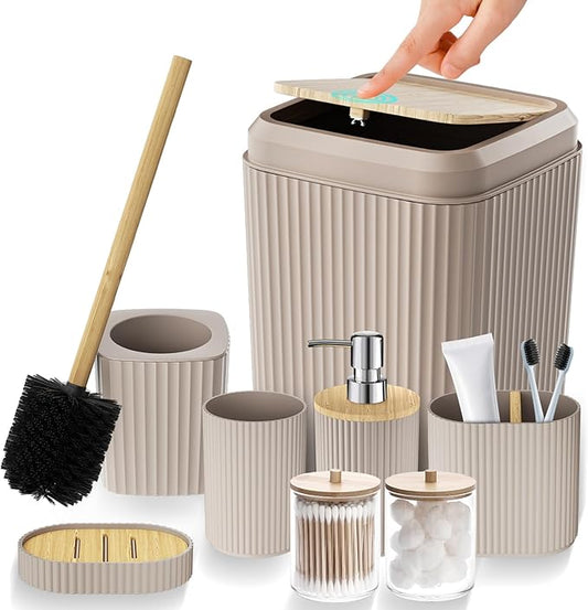 Bathroom Accessories Set - Unbreakable Beige Bathroom Set, Trash Can, Toilet Brush with Holder, Soap Dispenser, Toothbrush and Toothpaste Holder, Tumbler Cup, Soap Dish, Qtip Holder, Bamboo Decor
