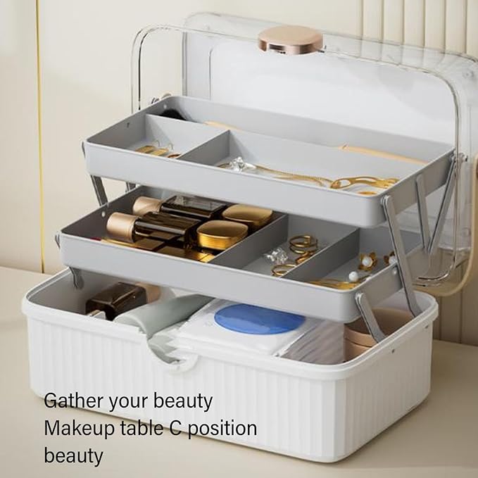 TOPINCN 3 Layer Makeup Storage Box for Women, Large Craft Organizer with Handle, Portable Cosmetic Case Organizer, Multipurpose Plastic Sewing Tool Box, Suitable for Home Travel Use