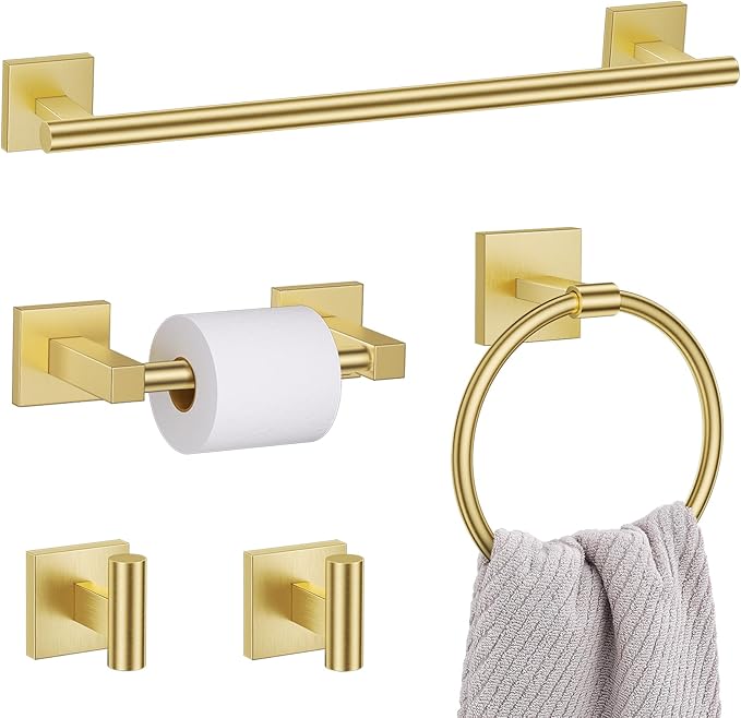 Lairuier 5 Pieces Bathroom Hardware Set Brushed Gold Towel Bar Set Includes 23.6” Towel Bar, Towel Ring Holder, Toilet Paper Holder and Two Towel Hooks, Bathroom Accessories Set SUS304 Wall Mounted