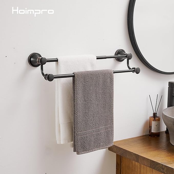 Hoimpro Adjustable Retractable 15-27 Inches Stainless Steel Bathroom Towel Bar, Bathroom Accessories Bath Hotel Double Towel Bar Rod Hanger Wall Mounted Towel Holder Towel Rack, Oil Rubbed Bronze