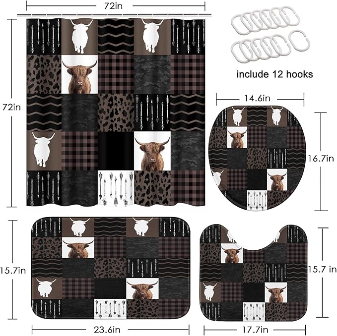 Highland Cow Farm Brown Black Checked Shower Curtain Set with Toilet Lid Cover and Non-Slip Rugs, 4 Pcs Shower Curtain with 12 Hooks, Farmhouse Bathroom Set with Rugs and Accessories