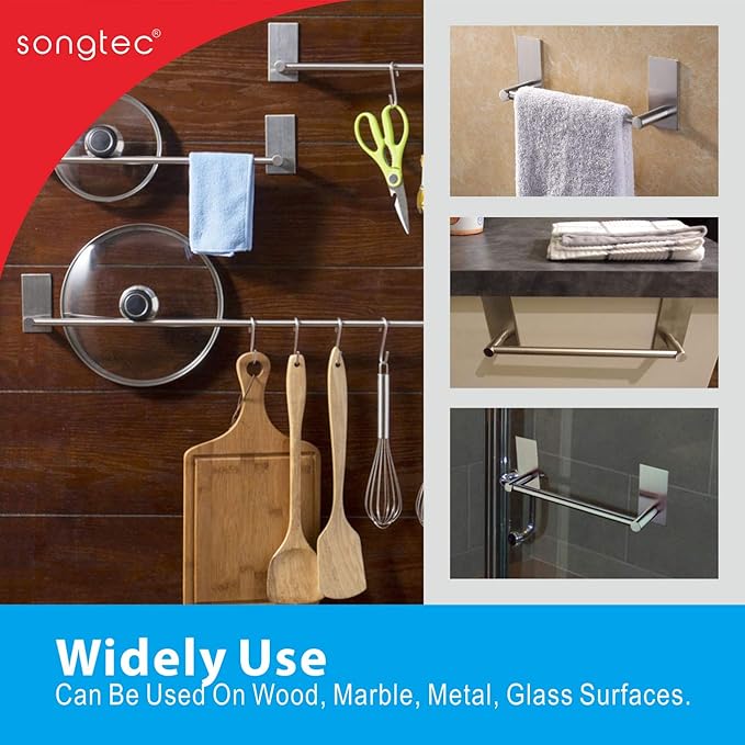 Songtec Adhesive Towel Bar 12inch Brushed, Stick On Bath Towel Rack Easy Install, NO Drilling on Walls, Premium SUS304 Stainless Steel - Brushed