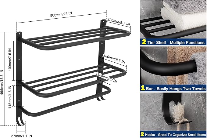 NearMoon Bathroom Towel Rack, 3-Tier Towel Holder with Hooks, SUS304 Stainless Steel Towel Hanger, Wall Mounted Towel Shelf Storage, Bathroom Accessories (22 Inch, Matte Black)