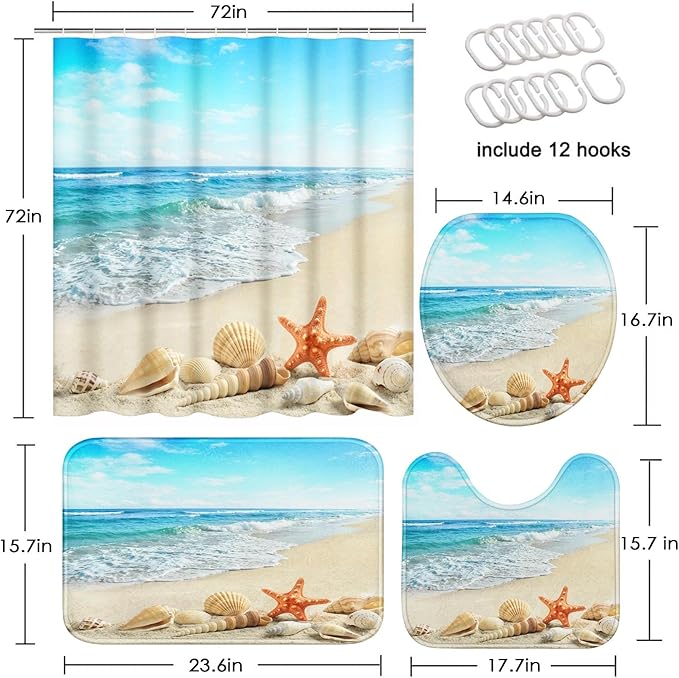 Britimes 4 Piece Shower Curtain Sets, with 12 Hooks, Ocean Summer Sea Starfish Seashell with Non-Slip Rugs, Toilet Lid Cover and Bath Mat for Bathroom Decor Set, 72" x 72"