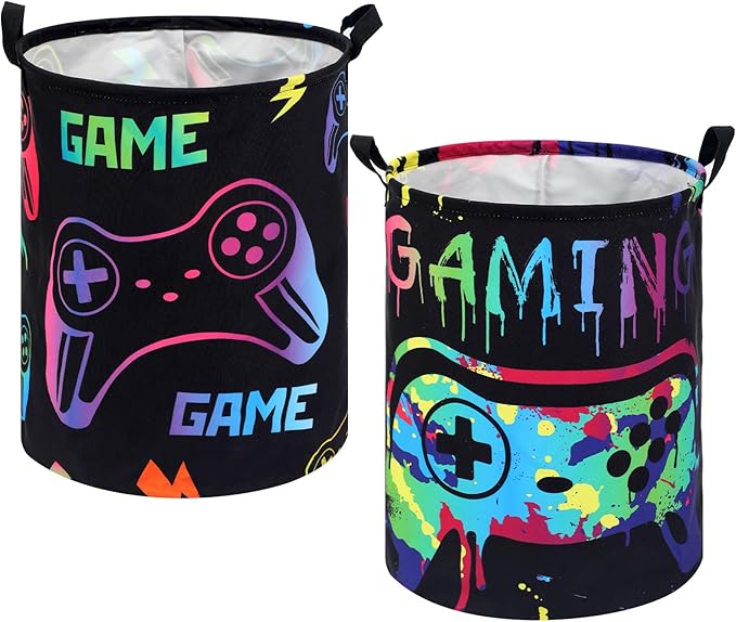 Zhehao 2 Pcs Easter Gamer Laundry Basket Boys Kids Laundry Hamper Gamer Room Decor Gaming Storage Basket Hamper Clothes Organizer Nursery Toy Storage Bin for Gifts Bedroom Bathroom Decoration(Fresh)