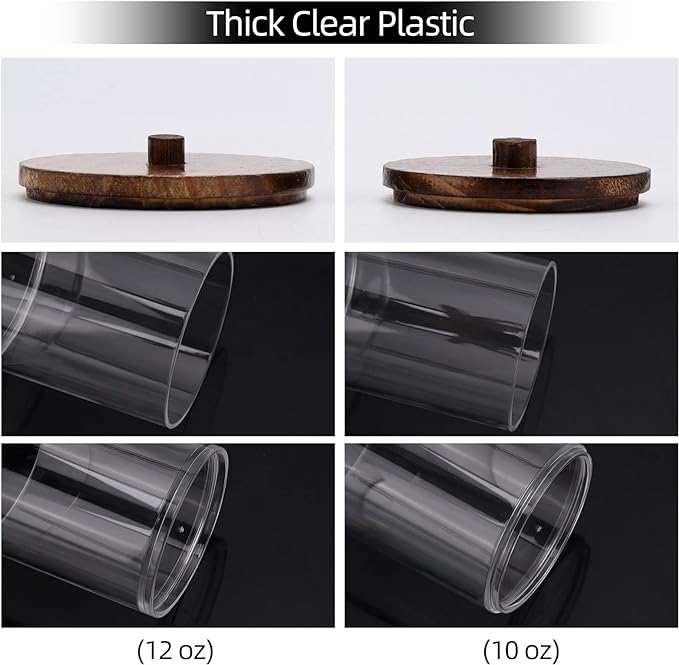 Tbestmax 4 Pack Qtip Holder Dispenser Cotton Ball, Cotton Swab, Floss - 12oz, 10 oz Clear Plastic Apothecary Jars for Bathroom Organizer and Storage Containers (Brown Wood Lids)