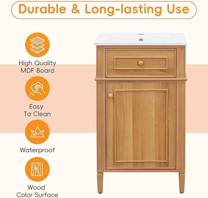Virubi 20 in Small Bathroom Vanity with Sink,Soft Closing Door,Tilt-Out Drawer and Adjustable Shelf,Solid Wood Frame Modern Single Bathroom Sink Cabinet,Freestanding Natural Wood