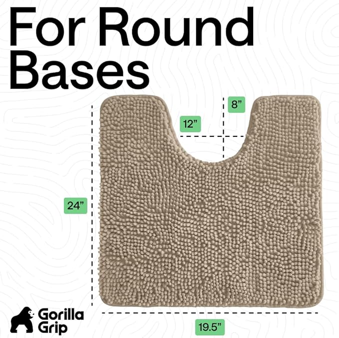 GORILLA GRIP Plush Absorbent Shaggy Chenille Bath Rug Mat for Oval Toilet Base with Rubber Backing, Machine Washable Rugs, Soft Microfiber Contour Mats for Toilets, Bathroom Decor, Gray Beige