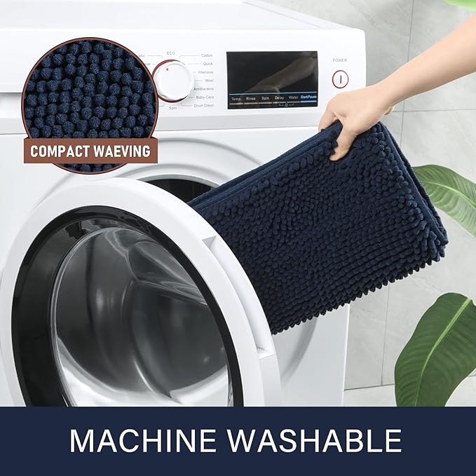 LOCHAS Luxury Bathroom Rug Shaggy Bath Mat 20 x 30 Inch, Washable Non Slip Bath Rugs for Bathroom Shower, Soft Plush Chenille Absorbent Carpets Mats, Navy