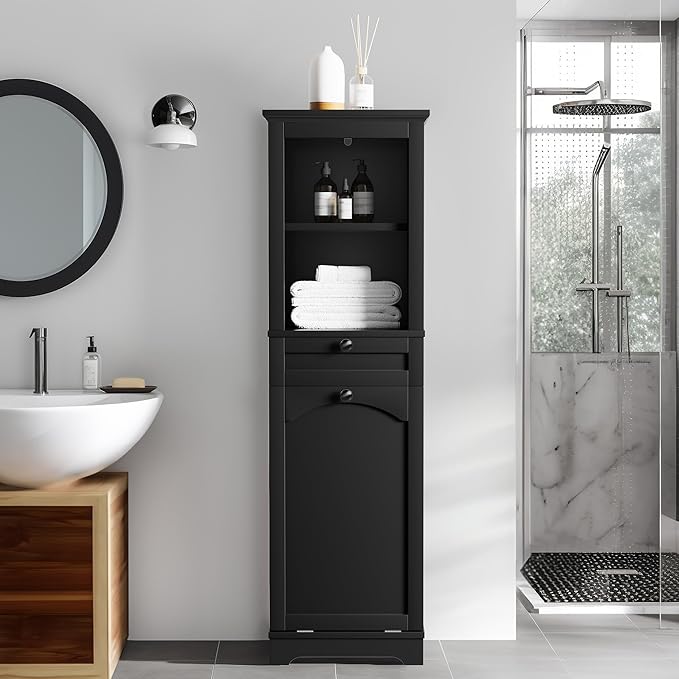 YITAHOME 53" Tall Tilt-Out Laundry Storage Cabinet, Hidden Hamper with Adjustable Shelves, Removable Basket & Sturdy Wooden Design for Bathroom or Laundry Room Organization, Black