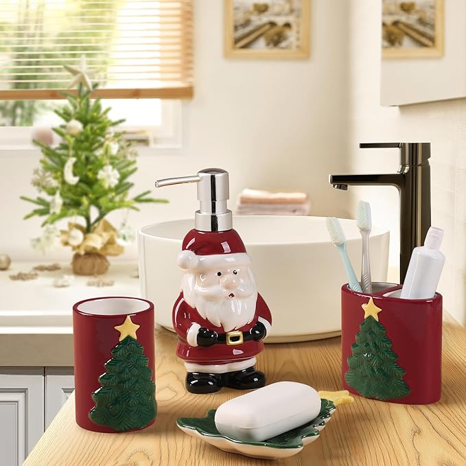 RQYIXI Merry Christmas Bathroom Accessories Set 4 Pieces Toothbrush Holder Soap Dispenser Ceramic Bathroom Accessory Set Contain Toothbrush Cup Soap Dish Tumbler