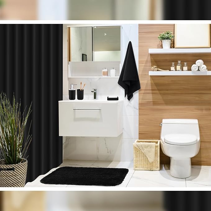 Fanfanwin 3 Pcs Bathroom Curtain Sets with Shower Rug and Towel Waterproof Shower Curtain Non Slip Bathroom Rug Bath Mat Soft Hand Towel with 12 Hooks for Hotel Decor(Black)