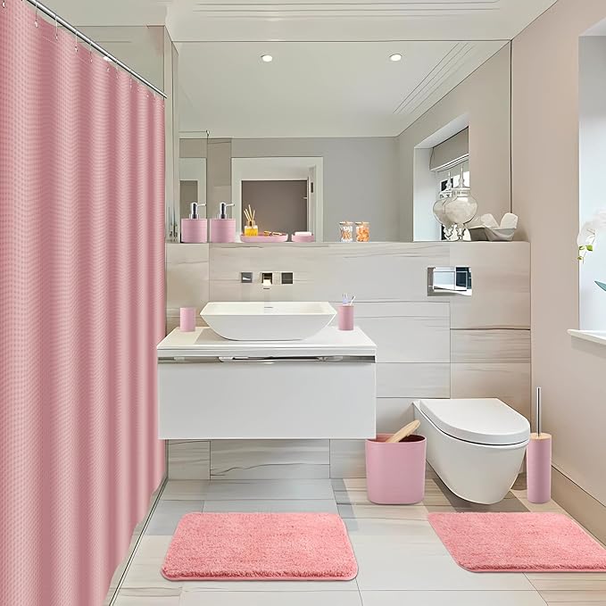 XLHOMO Bathroom Set - Pink Bathroom Accessories Set, Bathroom Sets with Shower Curtain and Rugs, 25PC Shower Curtain Set with Hooks, Soap Dispenser, Soap Dish, Toilet Brush Holder and Trash Can