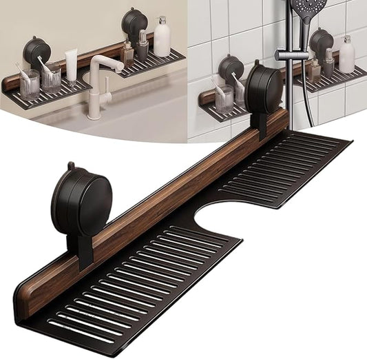 Luxe Sink Suction Organizer, No Drill 20 Inch Bathroom Over Sink Shelf, Adhesive Wall Shelf for Bathroom Storage Organizer, Holds 5lb on Tile/Glass/Mirror, Removable Wood Rack(Black 40cm)