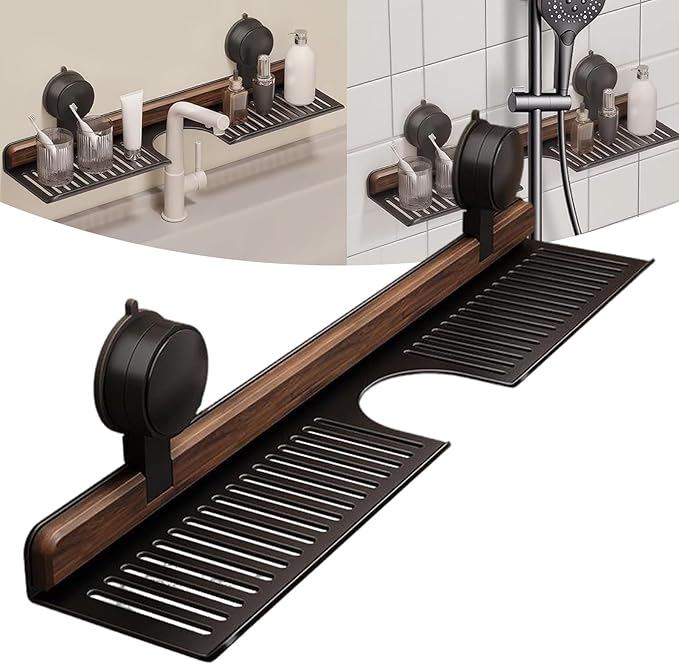 Luxe Sink Suction Organizer, No Drill 20 Inch Bathroom Over Sink Shelf, Adhesive Wall Shelf for Bathroom Storage Organizer, Holds 5lb on Tile/Glass/Mirror, Removable Wood Rack(Black 50cm)