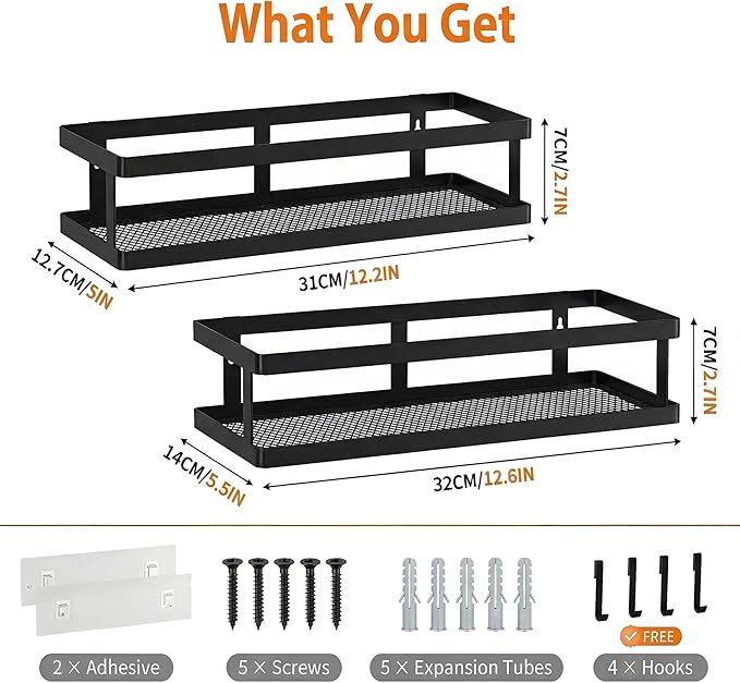 PUSDON 2-Pack Minimalist Shower Caddy Wall Mount, Open Frame Bathroom Shelf Organizer with Mesh Base, Rustproof Floating Spice Rack for Kitchen, Holds 50 LBS, 4 Hooks - Matte Black, Guardrail