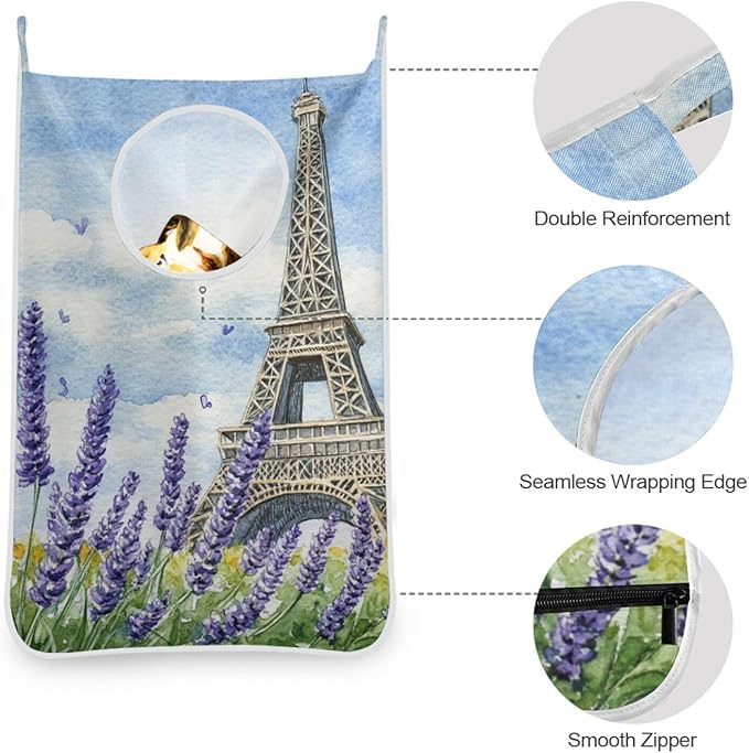 Hanging Laundry Hamper with Stainless Steel Hooks,Oxford Fabric Printing Door Laundry Clothes Bag, 29.5X20inch 2PCS Lavender Eiffel Tower Watercolour Blue
