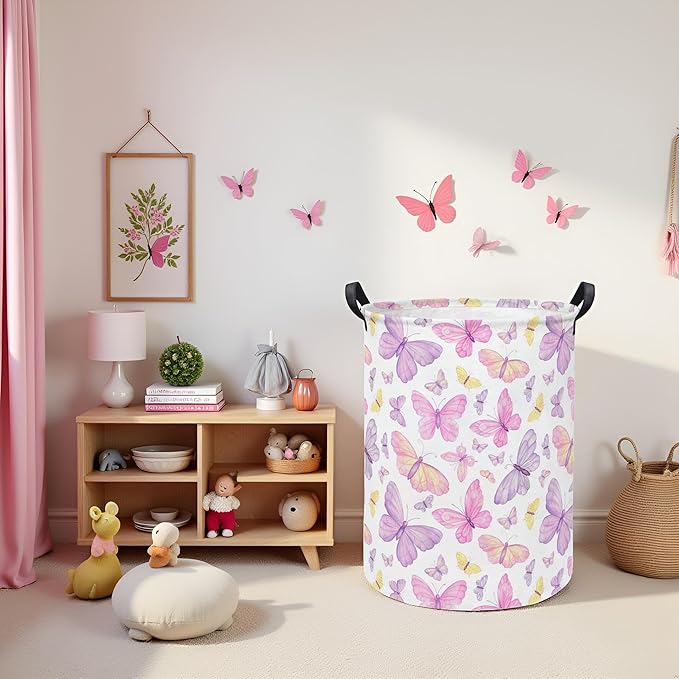 Baby Laundry Hamper kids laundry Basket Waterproof Storage Bin for Bedroom Toy Clothes Organizer Basket Woodland Animals Room D??cor(Pink Butterfly)