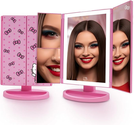 Impressions Vanity Hello Kitty Pink A Dot Trifold LED Makeup Mirror with Artwork, Vanity Mirror with Strip LED Tri Tone Light, Dual Magnification Touch Sensor, and Adjustable Tilt, Catchall Storage