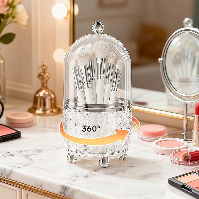 Makeup Brush Holder with Lid, Cosmetic Tools Organizer with Cover, 360° Rotating Sliding Opening Dustproof Brushes Container for Vanity, Ideal Gift for Girlfriend Wife Friends (Silver)