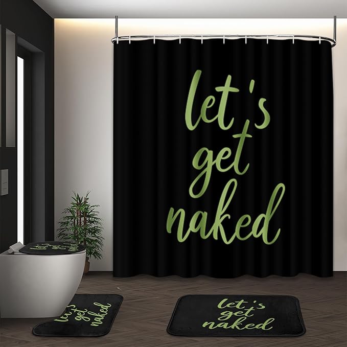 ArtSocket 4PC Green Let's Get Naked Shower Curtain Sets Black Bathroom Decor with Rugs, Non-Slip Rug,Toilet Lid Cover, Bath Mat and 12 Hooks 72x72 inches