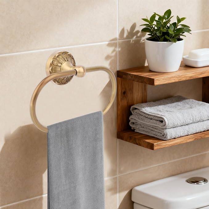 Antique Brass Towel Rack Holder, Oval Retro Brass Hand Towel Ring Wall Mounted Bathroom Accessories for Home Hostel