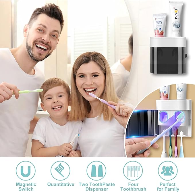 GFWARE Toothbrush Holder Toothpaste Dispenser Wall Mounted with Cover, 4 Slots Tooth Brush Storage Organizer with Automatic Kids Toothpaste Squeezers for Shower Bathroom Black