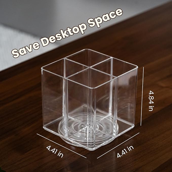 Clear Makeup Brush Holder,Acrylic Rotating 360??Makeup Brush Organizer,Pen holder with 4 Grids,Makeup Holder for Courtup,Containers for Desk,1pc
