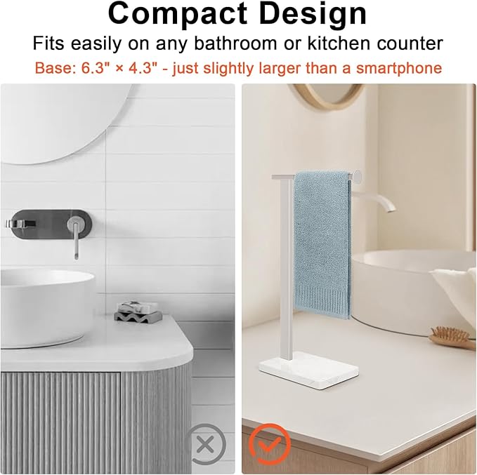 HarJue Hand Towel Holder Stand, 14.5" Hand Towel Rack with Weighted Marble Base, 304 Stainless Steel L-Shape Standing Towel Bar for Vanity Bathroom Kitchen Countertop (Brushed Nickel)